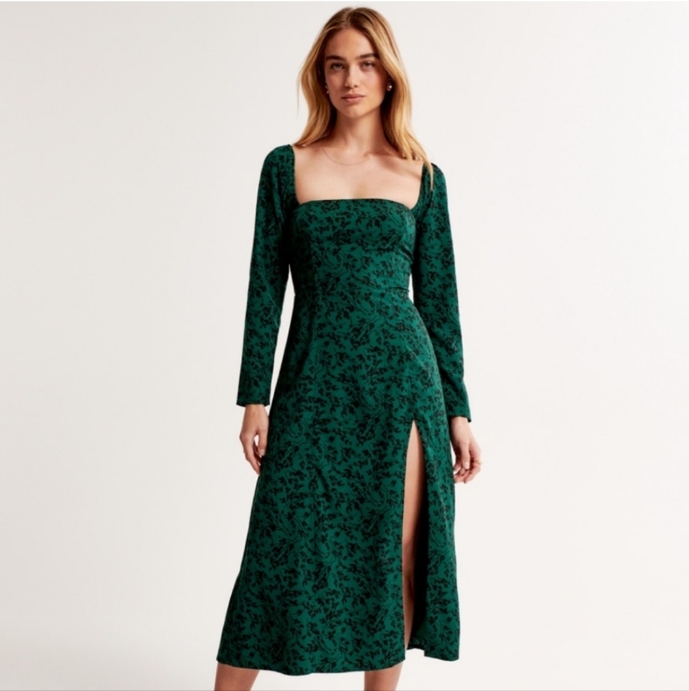 Abercrombie & Fitch Longsleeve Square Neck Midi Dress Dark Green Floral
